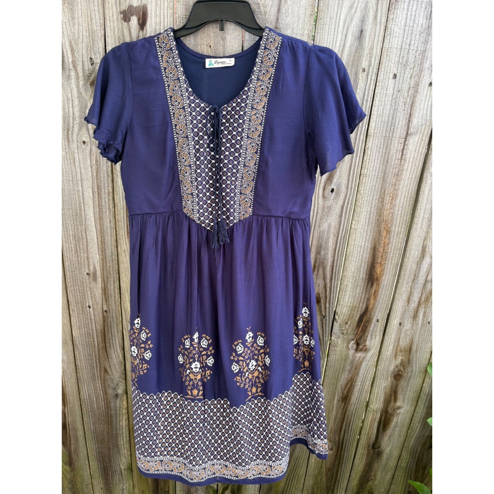 Lapogee Purple Boho Rayon Block Print Mini Dress Tassel V-Neck Small Womens